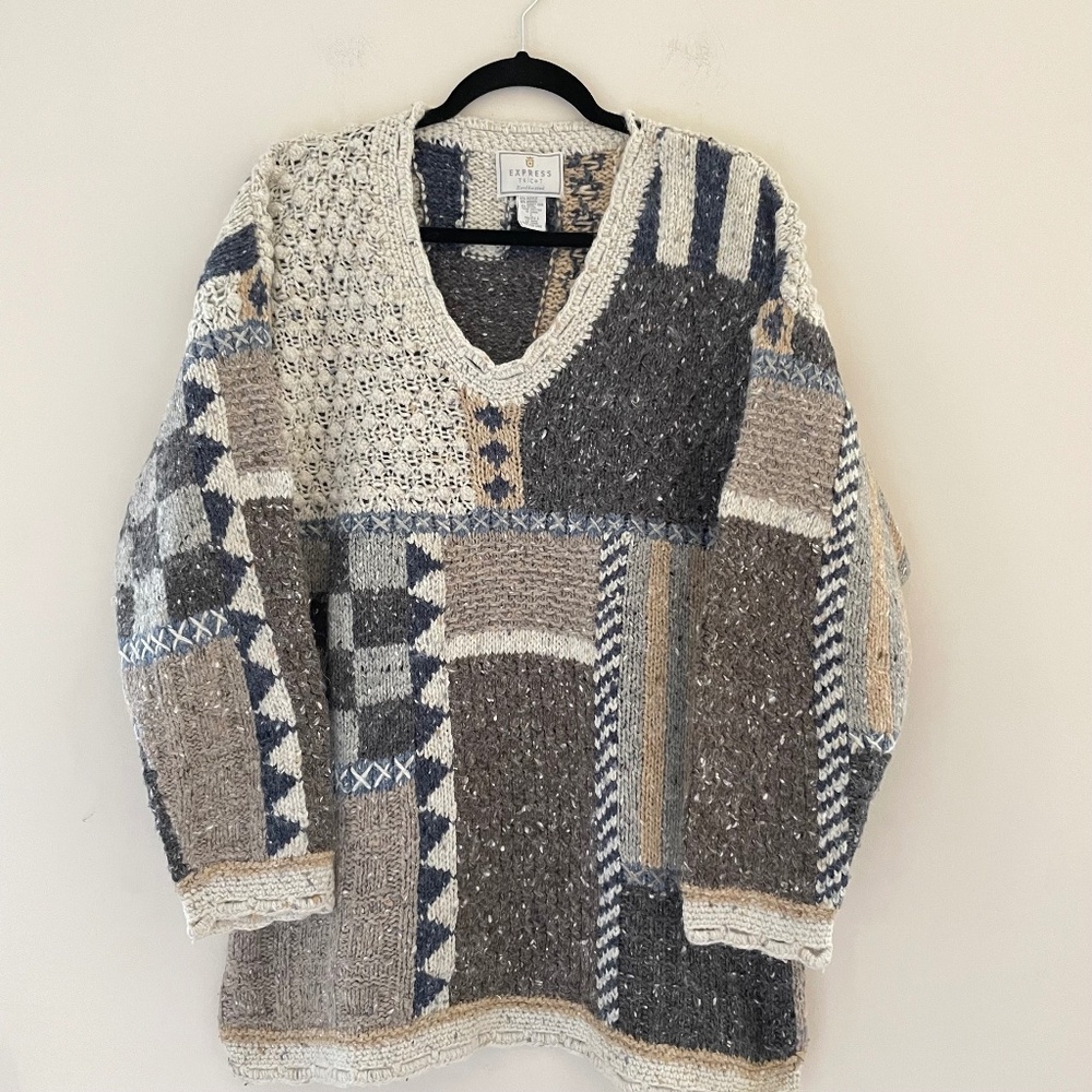 Vtg Express Sweater Womens Large Hand Knitted Patchwork Chunky Cabincore Y2K Ski
